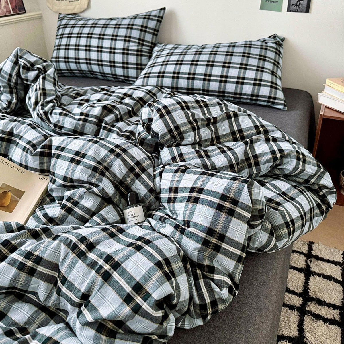 LifeTB Queen Comforter Set Fluffy Plaid Checkered Pattern Modern Style Geometric Comforter with 2 Pillow Shams Grid Plaid Bedding Comforter for Boys Men All Season Queen Size Bed Comforter Set