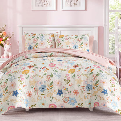 Twin Comforter Set for Girls - 5 Pieces Floral Pink Girls Twin Bedding Set