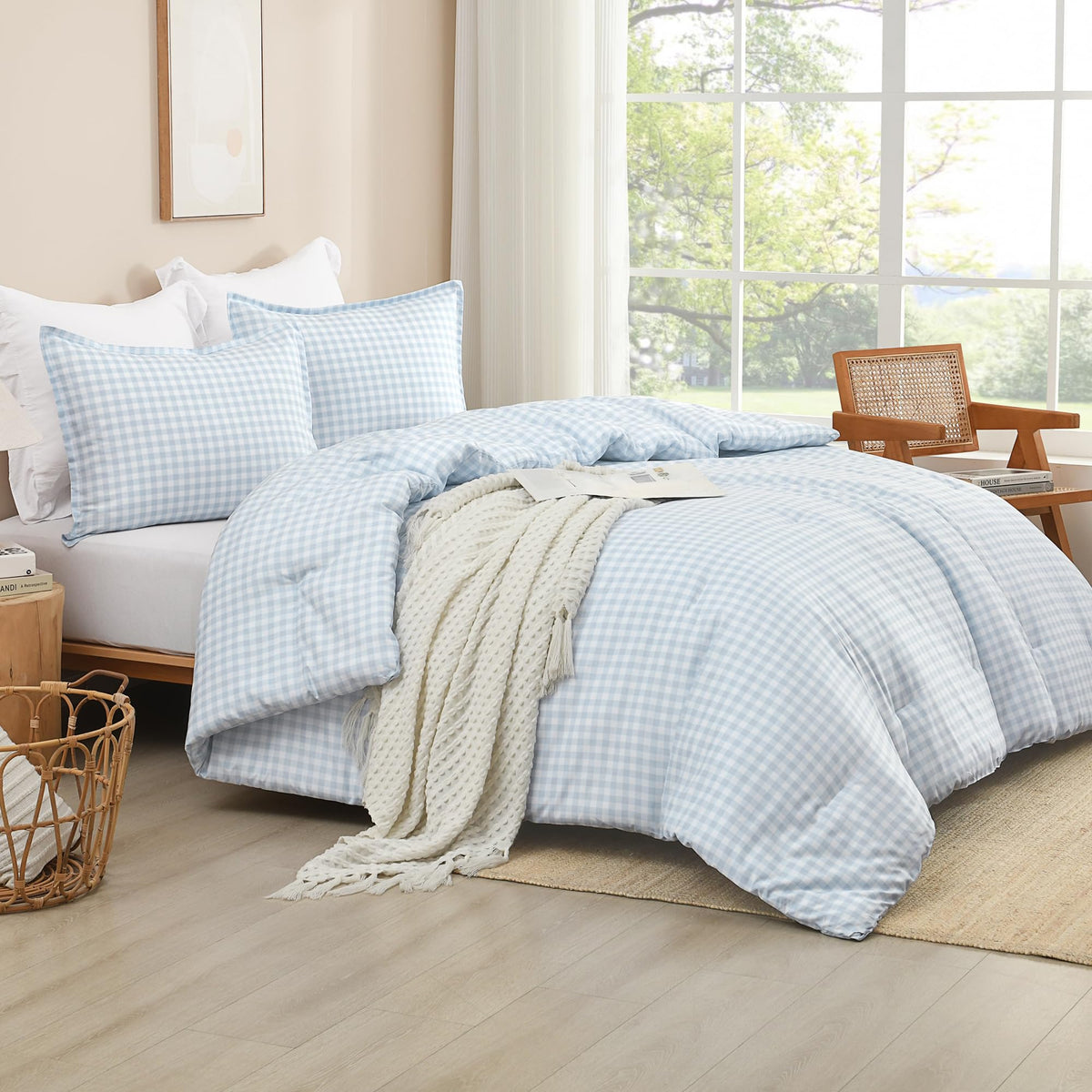 Andency Tan Gingham Comforter Set Twin, Brown Checkered Grid Plaid Bedding