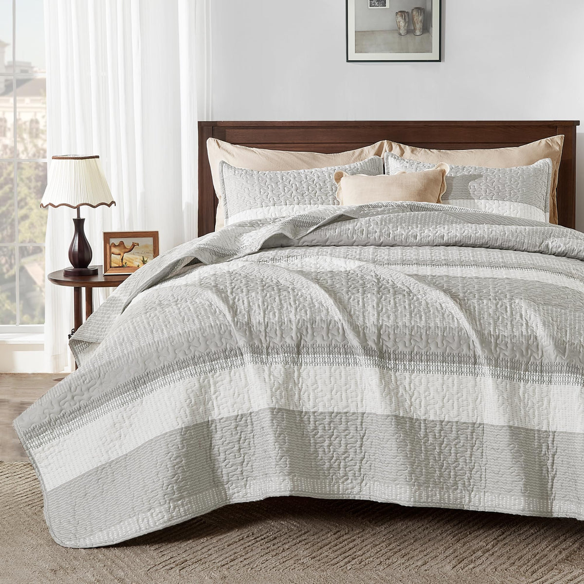 Andency Queen Quilt Bedding Set Sage Green, 3 Pieces Striped Bedspreads
