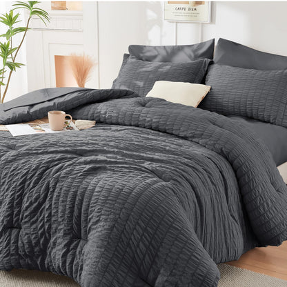Full Comforter Set - 7PCS Bed in a Bag, Seersucker Bedding Set, Dark Grey