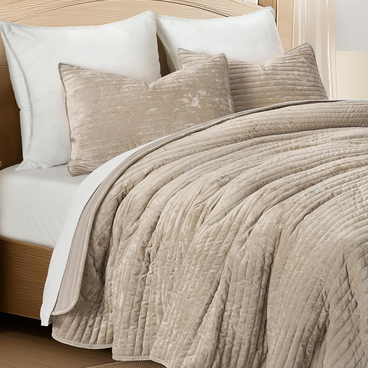 EverGrace Stripe Channel Luxury Velvet Quilt Set King Size, Beige Taupe