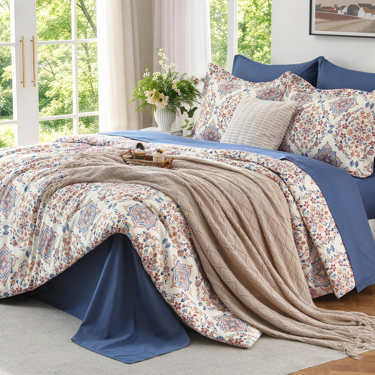 MUXHOMO Queen Comforter Set, 7-Piece Floral Bed in a Bag, Sage Green