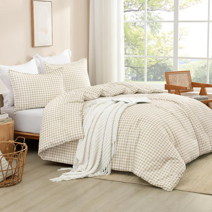 Andency Tan Gingham Comforter Set Twin, Brown Checkered Grid Plaid Bedding