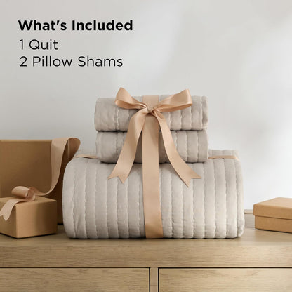 Bedsure Quilts Queen Size - Queen Quilt Bedding Set Bedspread Coverlet Comforter, Lightweight Neutral Striped Bedding, 3-Piece Set with 90"x96" Coverlet & 2 Pillow Shams, All-Season Soft Microfiber