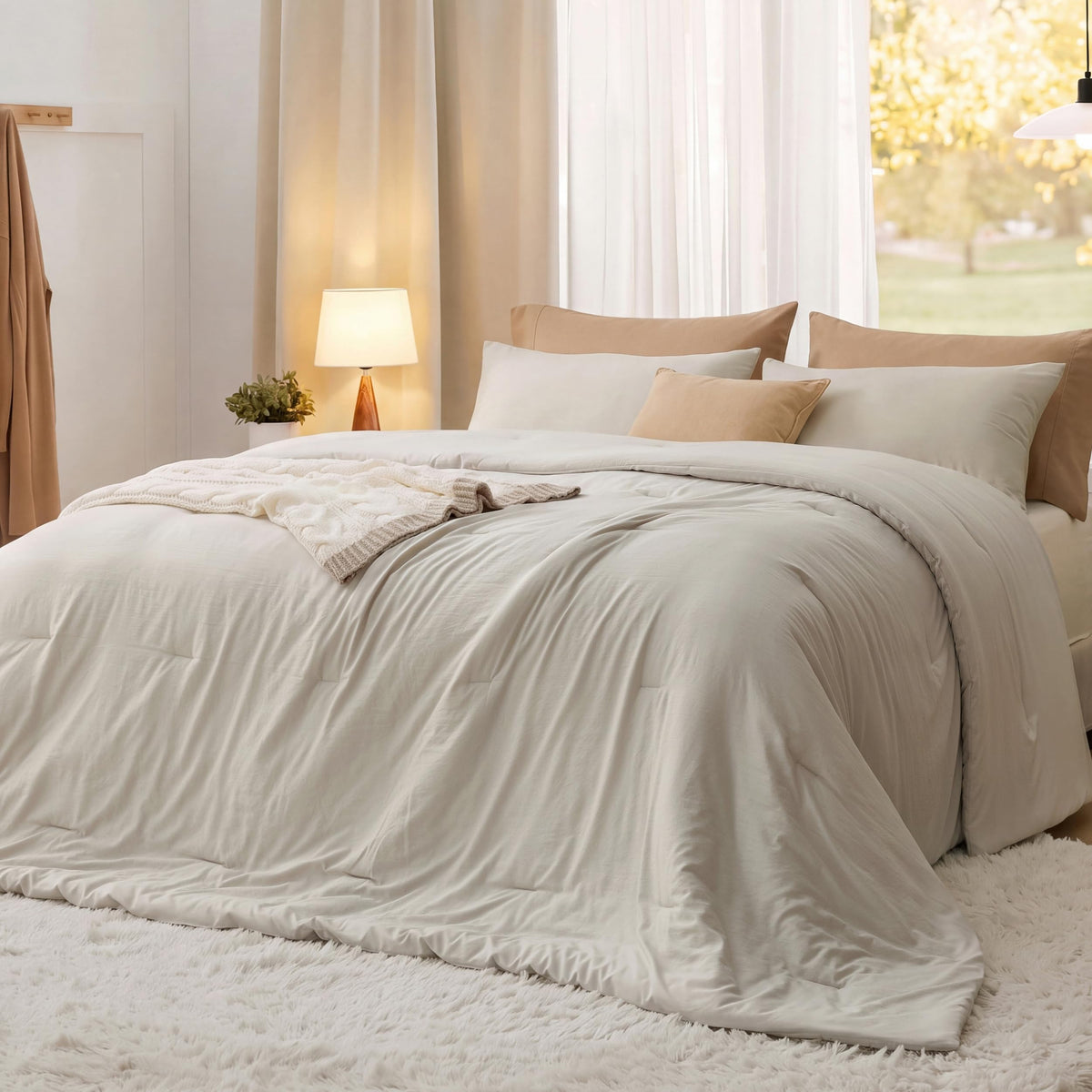 Bedsure Queen Comforter Set Prewashed Soft Bedding Set 3Pcs Beige 90"x90"
