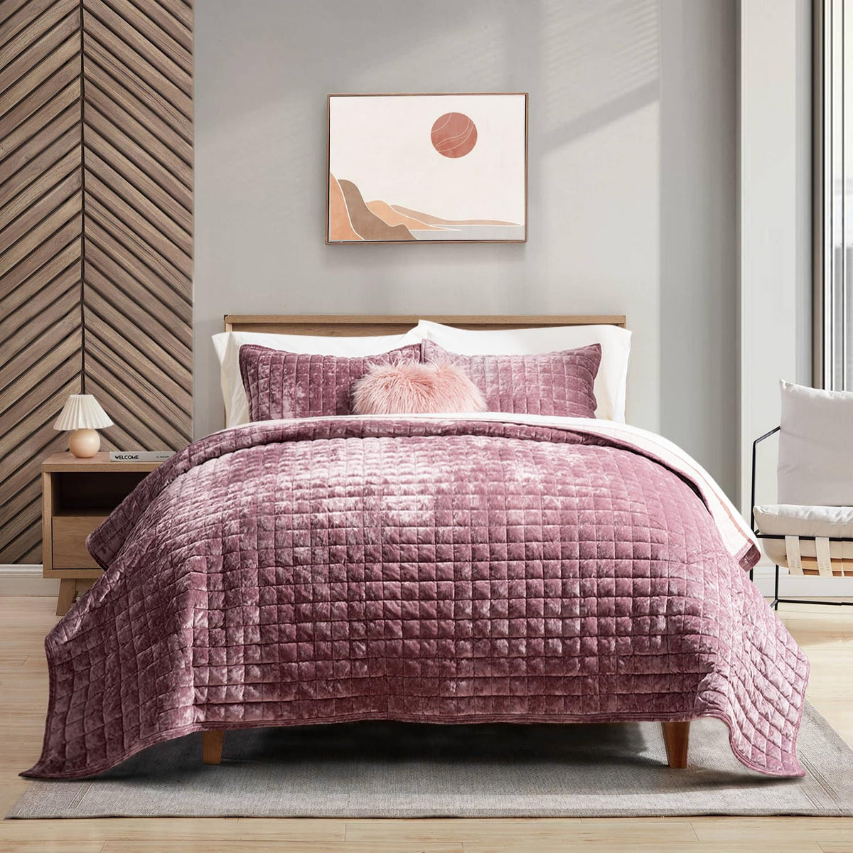 RECYCO Channel Box Stitch Velvet Quilt Set, King Size, Beige