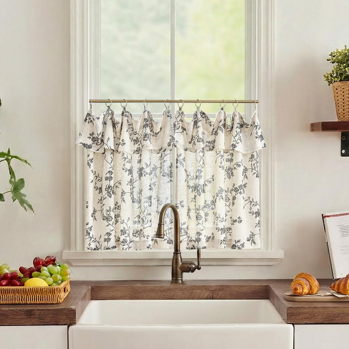 jinchan Floral Linen Kitchen Tier Curtains, 24 Inch, 2 Panels, Green