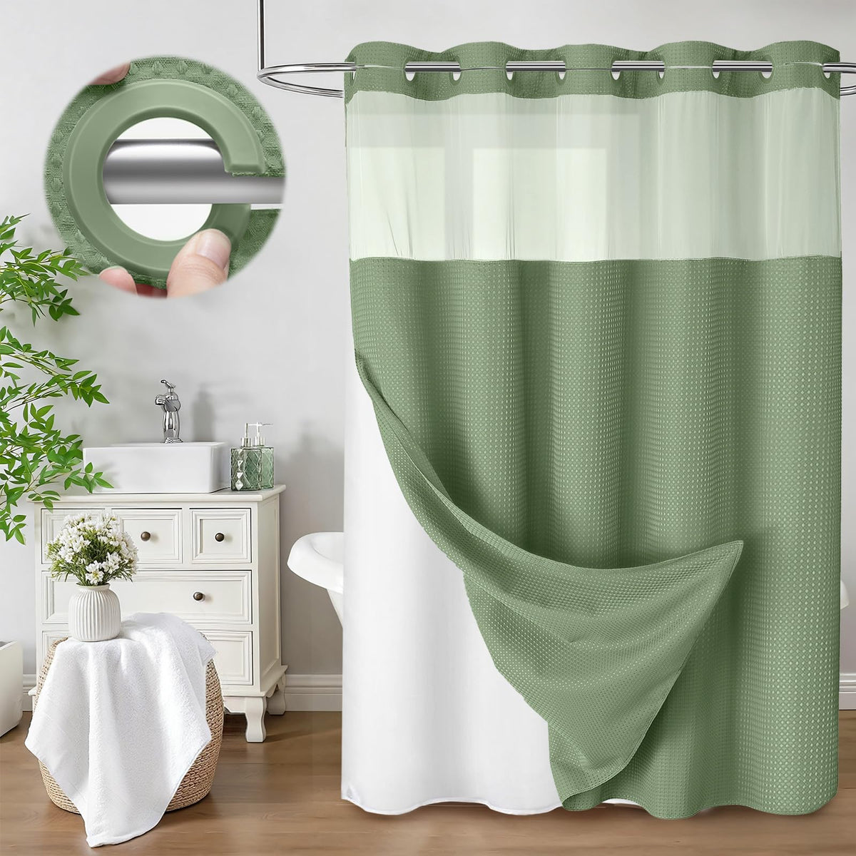 No Hook Shower Curtain with Liner Set Hotel Waffle Burgundy 72W X 75L