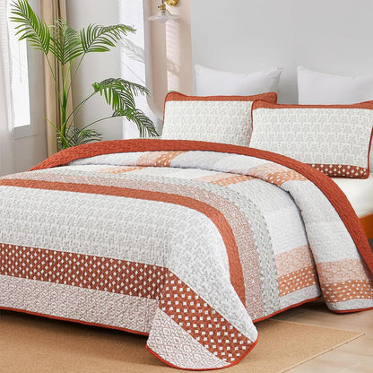 WONGS BEDDING Grey Queen Size Quilt Set, Boho Striped Bedspread