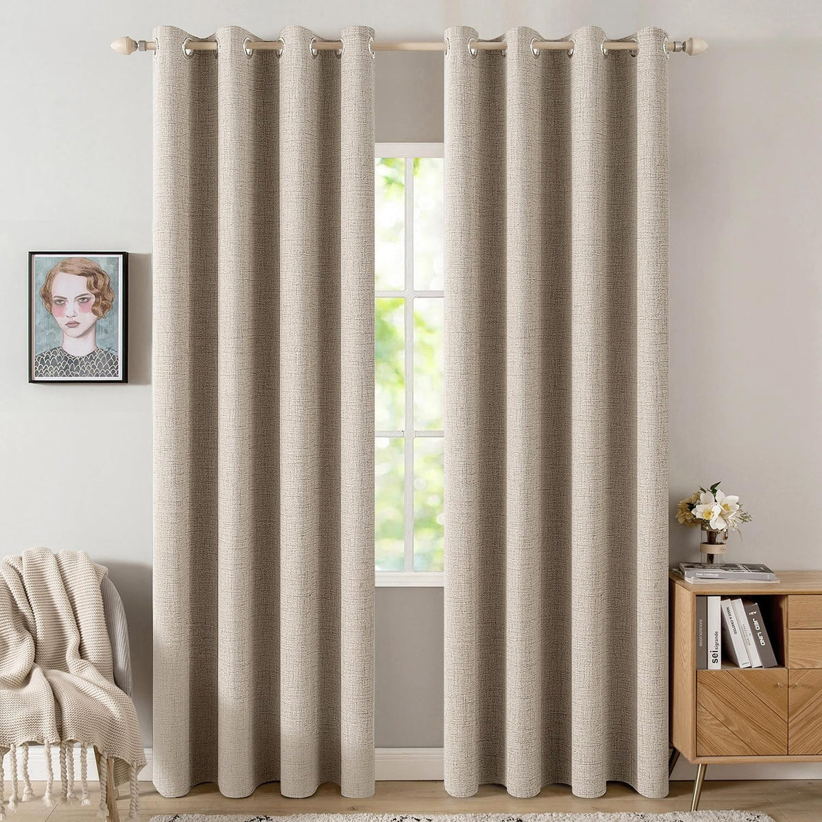 MIULEE 100% Blackout Linen Curtains for Bedroom 52x90 Inches Natural Beige