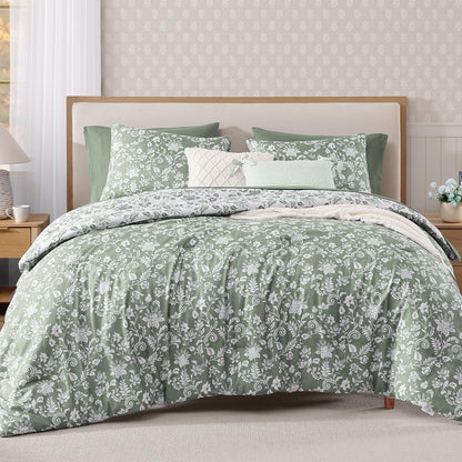 BLOOMHAVEN Queen Comforter Set-7 Pieces Blue Floral Bed in a Bag Queen