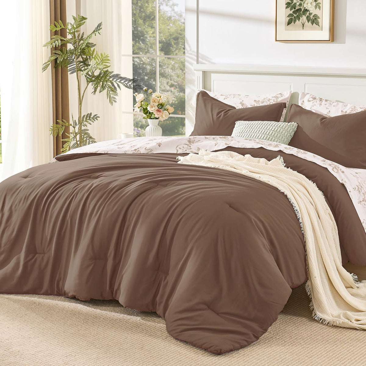 Litanika Floral Queen Comforter Set, 7 Peices Olive Green Bed in a Bag