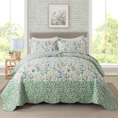Travan 3-Piece Quilt Set Quilted Bedspread Lightweight Coverlet Set Garden Style Floral Printed Oversized Quilted Bedding Set with Shams for All Season, Exquisite, King Size