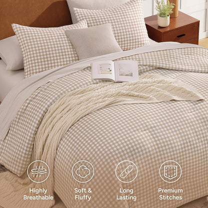Andency Tan Gingham Comforter Set Twin, Brown Checkered Grid Plaid Bedding
