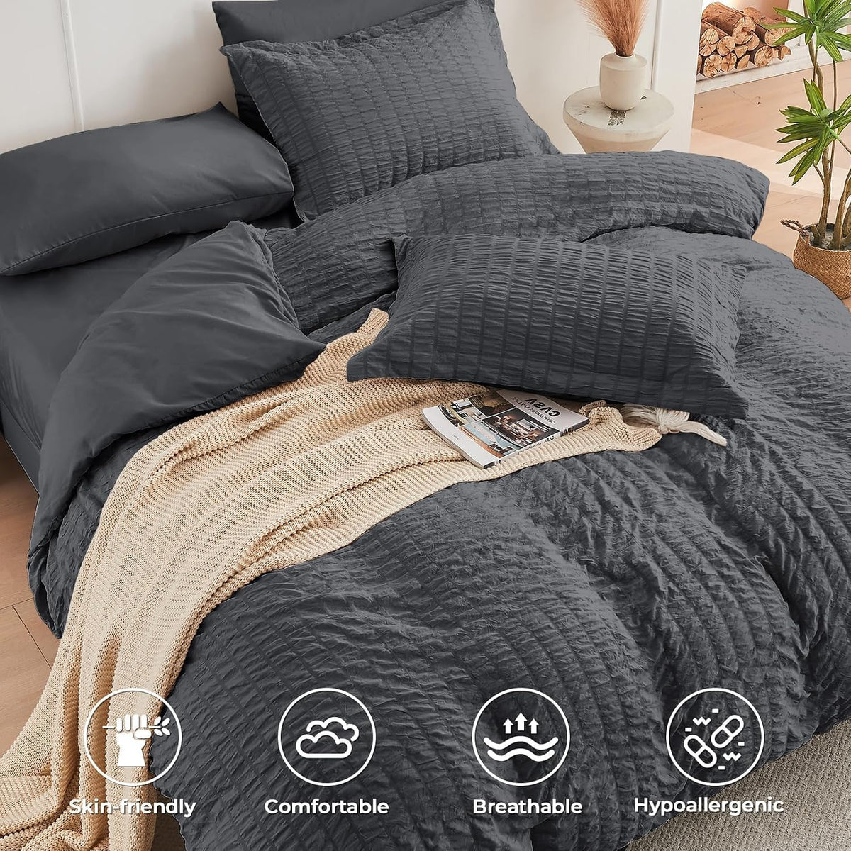 Queen Comforter Set - 7PCS Bed in a Bag, Seersucker Bedding Set, Dark Grey