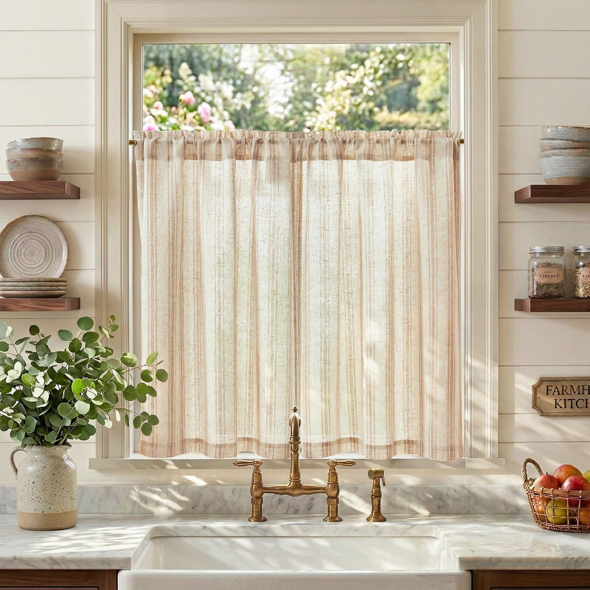 jinchan Linen Striped Tier Curtains for Kitchen Windows Green 26 x 24 inch