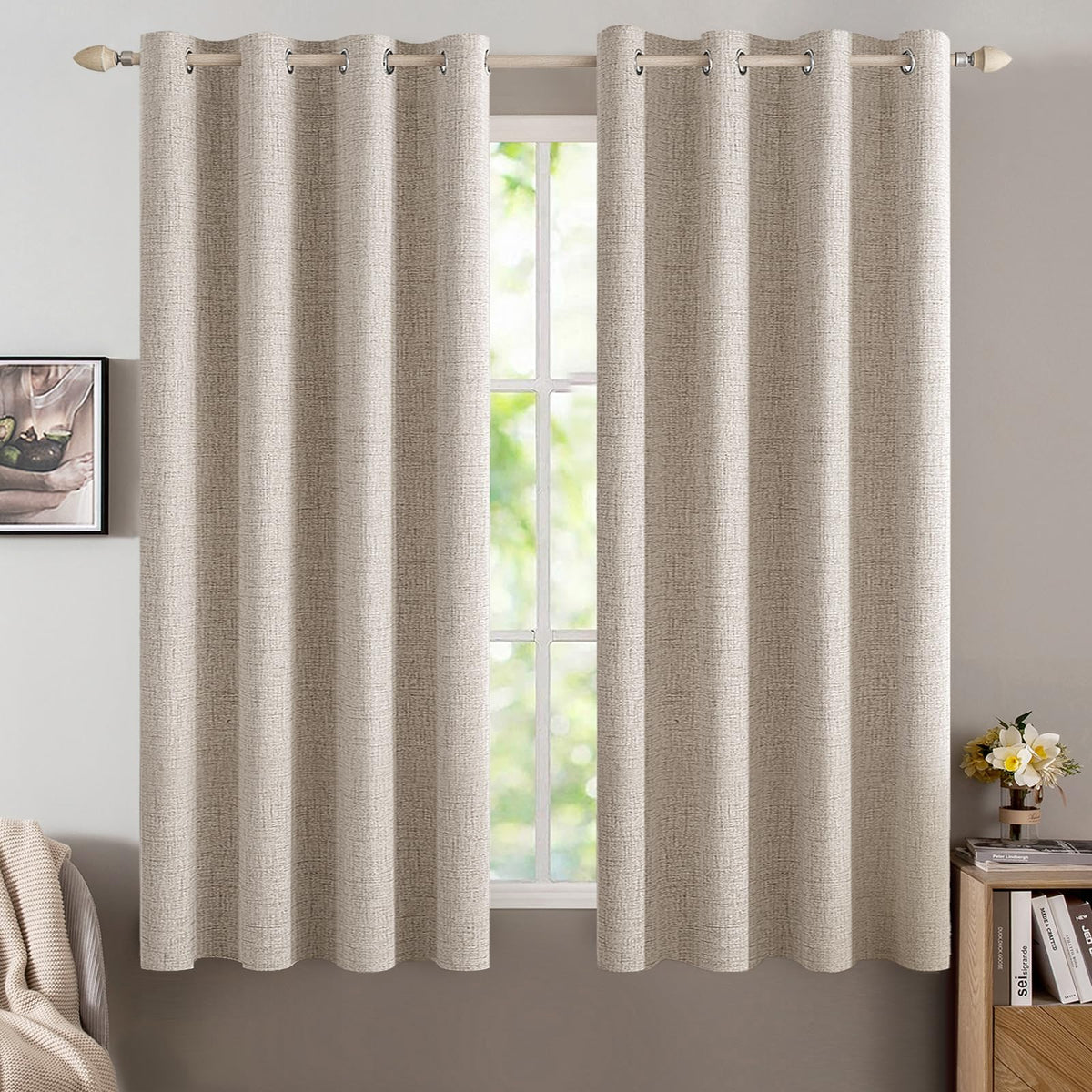 MIULEE 100% Blackout Linen Curtains for Bedroom 52x90 Inches Natural Beige