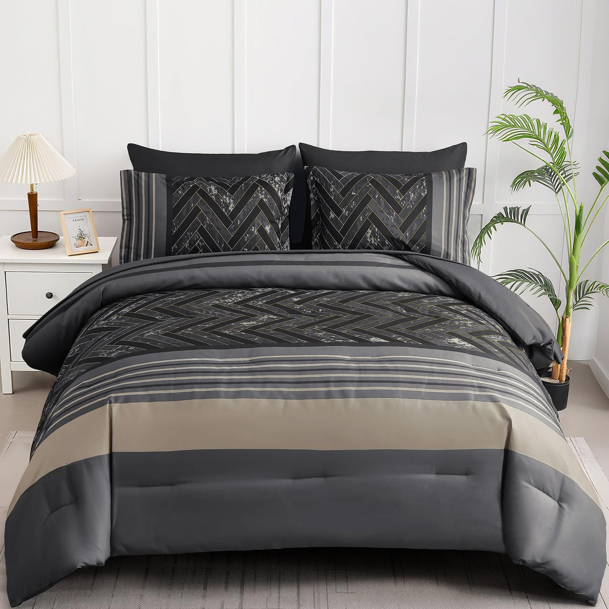 Luxudecor Burgundy Comforter Set Queen Size 7 Pieces Red and Black Stripe Bed in a Bag Geometric Comforter and Sheet Set, Soft Microfiber Complete Bedding Sets for All Seasons