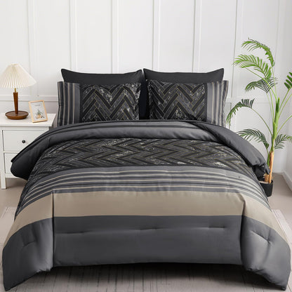 Luxudecor Burgundy Comforter Set Queen Size 7 Pieces Red and Black Stripe Bed in a Bag Geometric Comforter and Sheet Set, Soft Microfiber Complete Bedding Sets for All Seasons