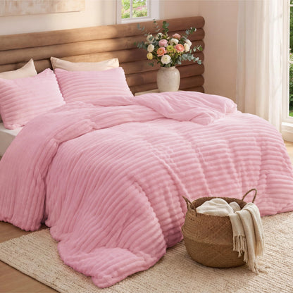 Bedsure Large Queen Fluffy Comforter Set, Cozy Fleece Cream White Bedding