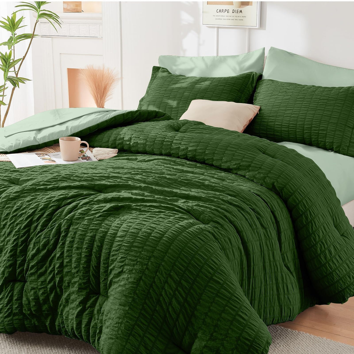 Full Comforter Set - 7PCS Bed in a Bag, Seersucker Bedding Set, Dark Grey