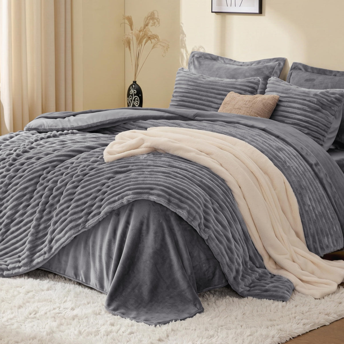 EXQ Home Queen Fluffy Comforter Set,7 Pieces Bed in a Bag,Black