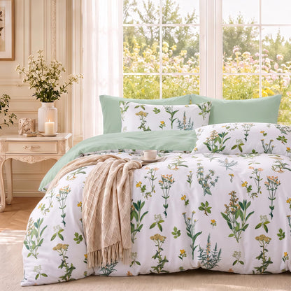 MUXHOMO Duvet Cover King Size, 3-Piece Floral Grey-Blue Bedding Set
