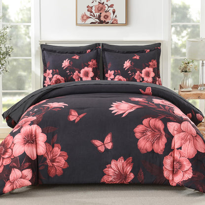 DHSFKBE Floral Comforter Set Queen Size,7 Piece Orange Bed in a Bag, Elegant Flower Pattern Comforter Set with Sheet, Soft Microfiber Complete Bedding Sets for All Season