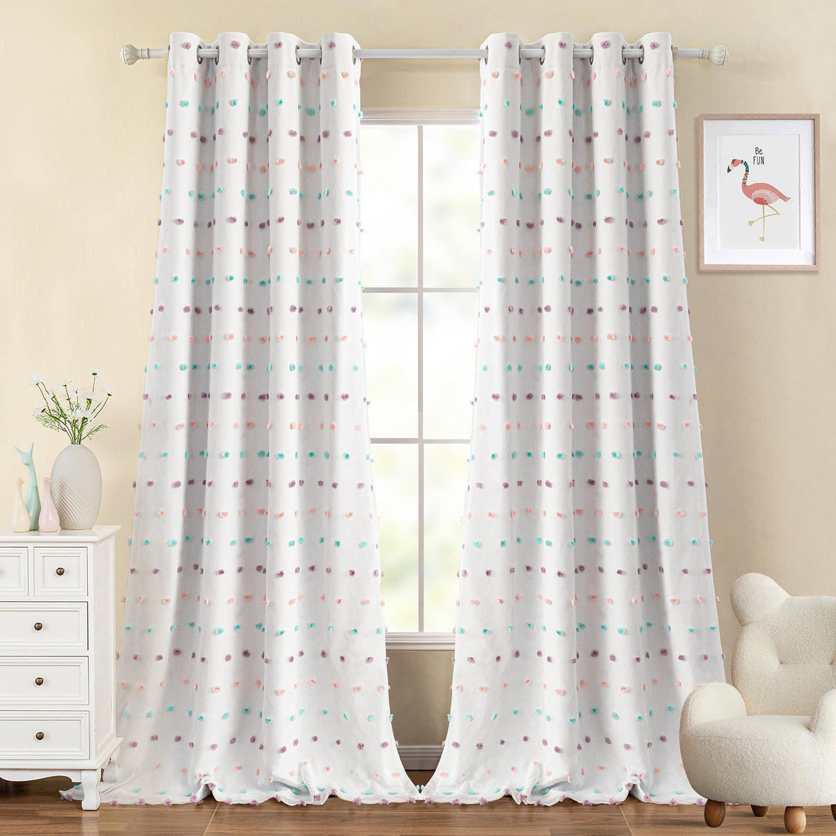 MYSKY HOME Kids Blackout Curtains for Boys Bedroom 84 Inch Long 100% Light Blocking Cute Curtains for Playing Room 2 Panels Grommet Nursery Drapes with Rainbow Pom Pom Sheer 2 Layered 50W x 84L