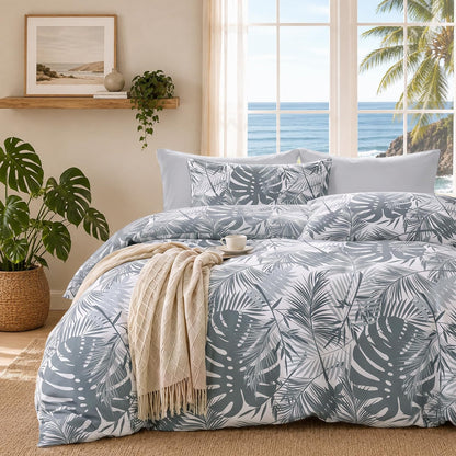 MUXHOMO Duvet Cover King Size, 3-Piece Floral Grey-Blue Bedding Set