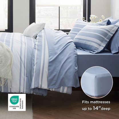 Bedsure Queen Comforter Set, Blue Striped Bedding Set, 7 Piece