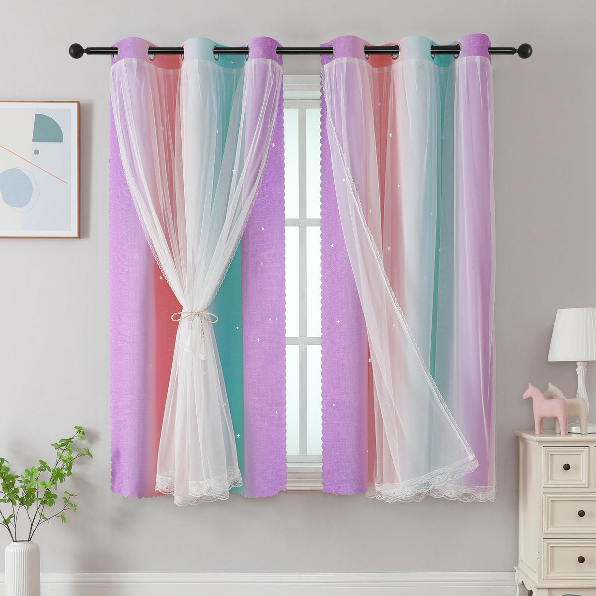 XiDi Curtains for Girls Bedroom Decor, Rainbow Blackout Curtains for Kids/Little Girl Room Decor, Unicorn Wall Decals,Pink Purple Green,63 x 34 inches,1 Panel