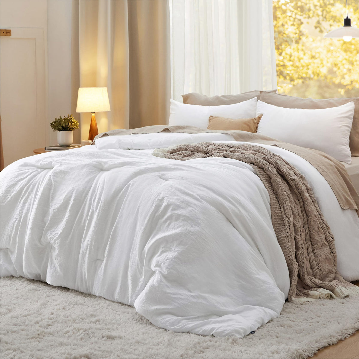 Bedsure Queen Comforter Set Prewashed Soft Bedding Set 3Pcs Cream 90"x90"