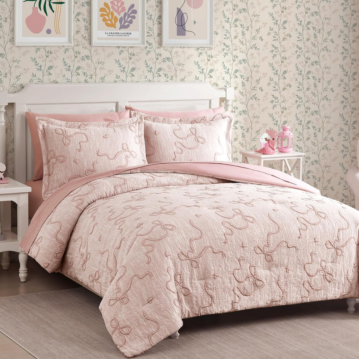 Full Size Comforter Sets for Girls - 7 Pieces Pink Bedding Bow Bed in a Bag