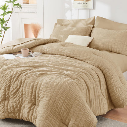 Queen Comforter Set - 7PCS Bed in a Bag, Seersucker Bedding Set, Dark Grey