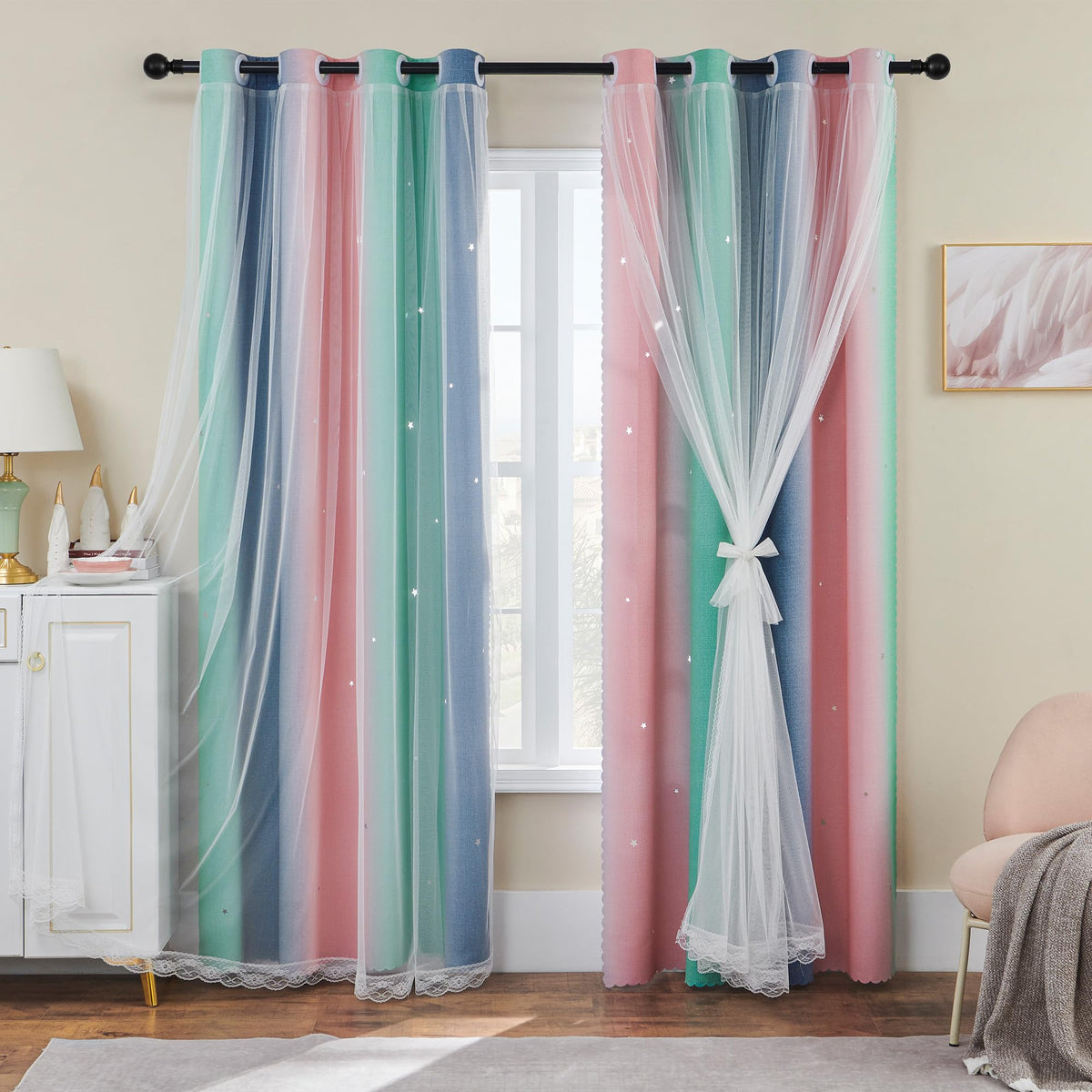 XiDi Curtains for Girls Bedroom Decor, Rainbow Blackout Curtains for Kids/Little Girl Room Decor, Unicorn Wall Decals,Pink Purple Green,63 x 34 inches,1 Panel