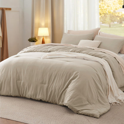 Bedsure Queen Comforter Set Prewashed Soft Bedding Set 3Pcs Cream 90"x90"