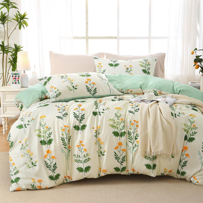 MUXHOMO Duvet Cover King Size, 3-Piece Floral Grey-Blue Bedding Set