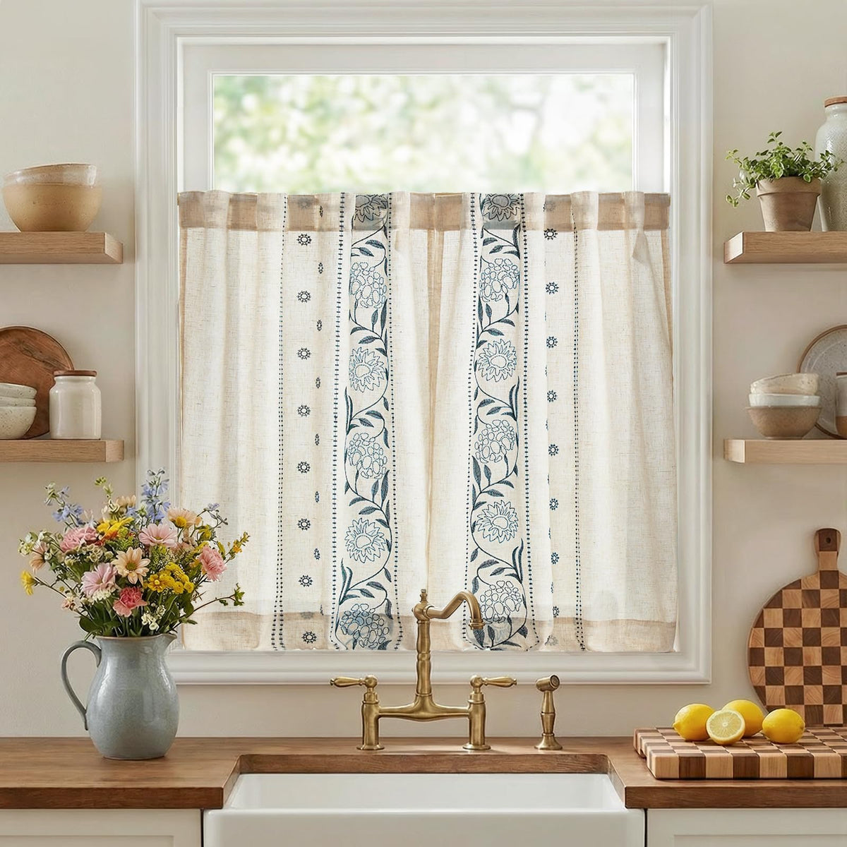 jinchan Beige Floral Linen Kitchen Tier Curtains 50x45 Inch 2 Panels
