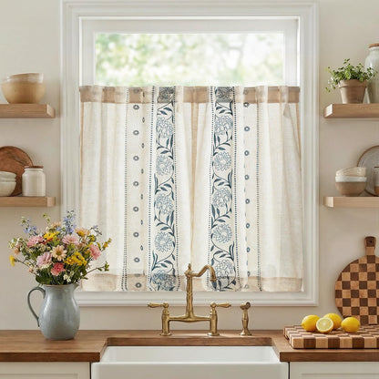 jinchan Beige Floral Linen Kitchen Tier Curtains 50x45 Inch 2 Panels