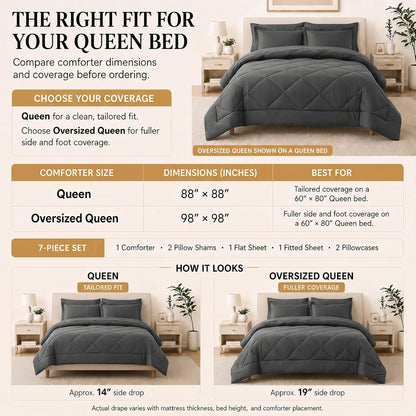 CozyLux Queen Comforter Set 88"x88" Dark Grey - 7 Piece Bed in a Bag