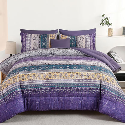 Cottolester Boho Comforter Set Queen Size 8 Piece Bed in a Bag Bohemian Striped Bedding Quilt Set Aqua Paisley Floral Comforter and Sheet Set,Soft Microfiber Complete Bedding Sets for All Season