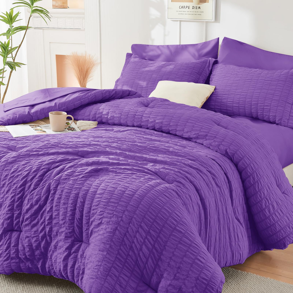 Full Comforter Set - 7PCS Bed in a Bag, Seersucker Bedding Set, Dark Grey