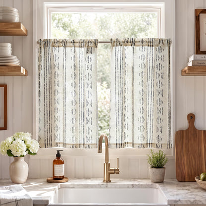 jinchan Linen Striped Tier Curtains for Kitchen Windows Green 26 x 24 inch