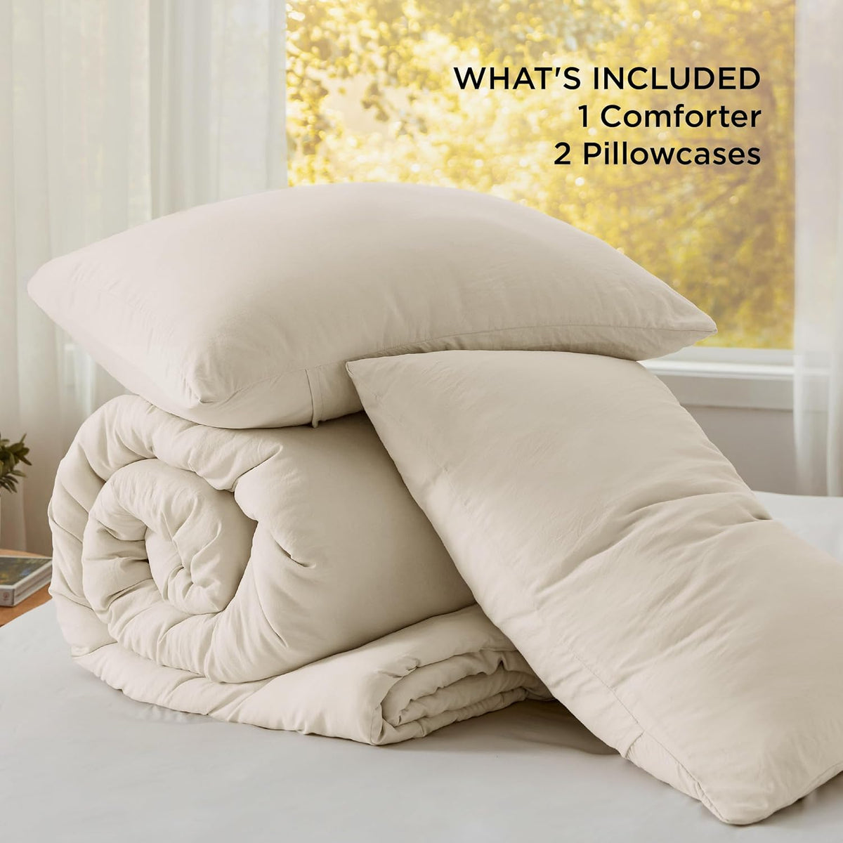 Bedsure Queen Comforter Set Prewashed Soft Bedding Set 3Pcs Cream 90"x90"