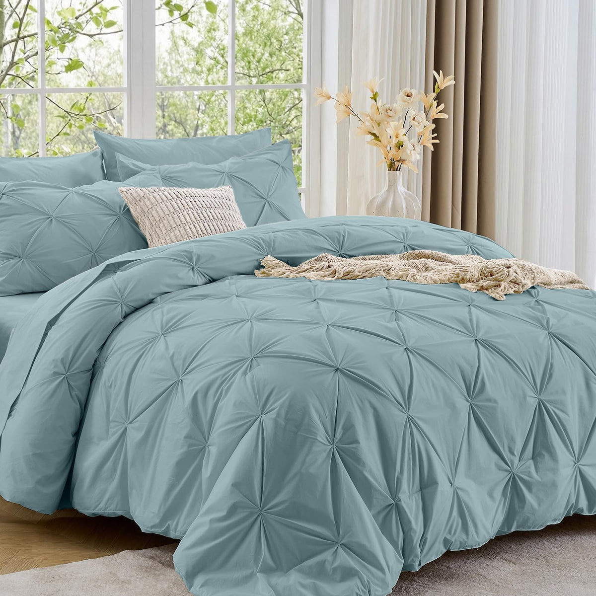 Sasttie Full Size Comforter Set, 7-Piece Bed in a Bag Double, Pintuck Bedding Set for All Season, Includes Comforter, Flat Sheet, Fitted Sheet, Pillowcases and Pillowshams, Beige