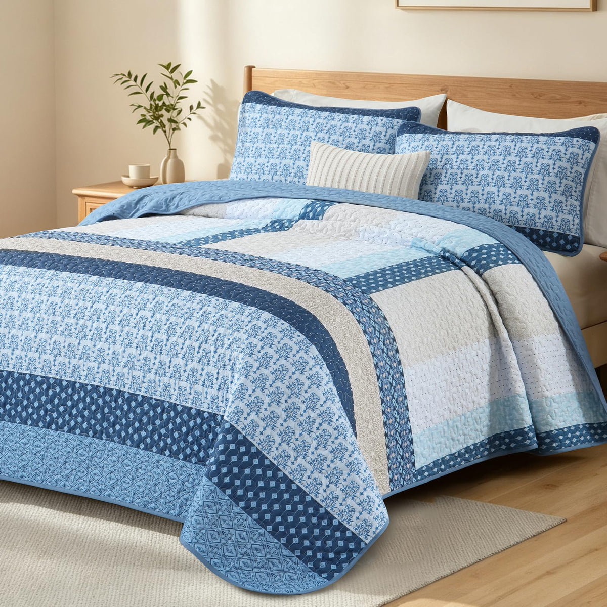 WONGS BEDDING Grey Queen Size Quilt Set, Boho Striped Bedspread