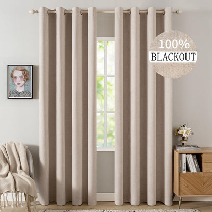 MIULEE 100% Blackout Linen Curtains for Bedroom 52x90 Inches Natural Beige