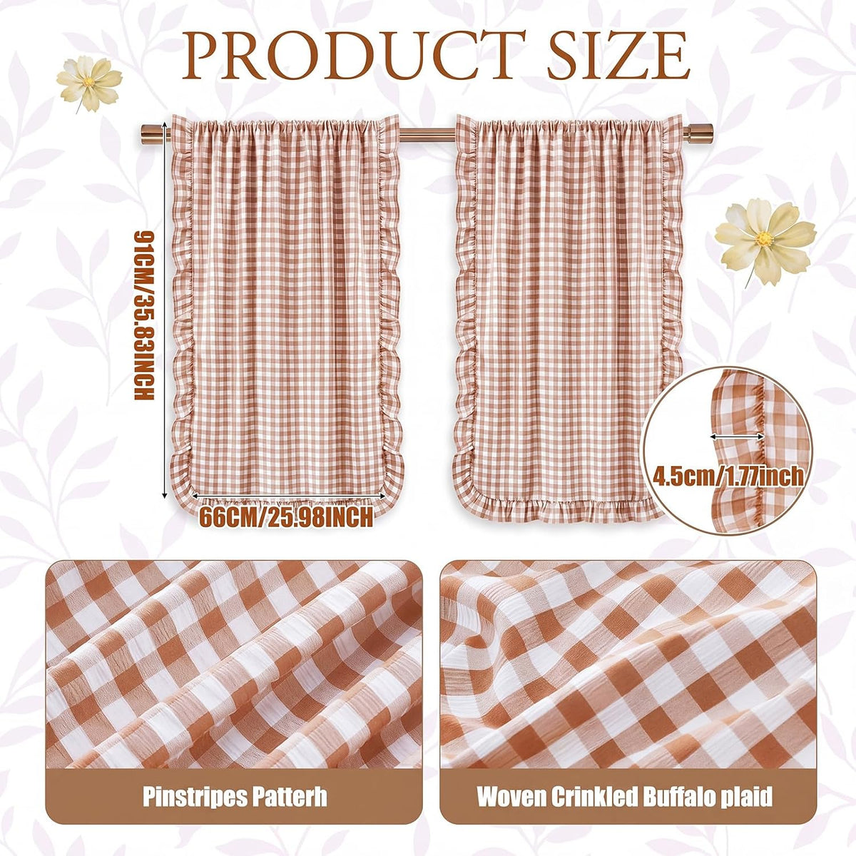 Brown White Gingham Kitchen Curtains 36" Buffalo Plaid Ruffle Cafe Curtains